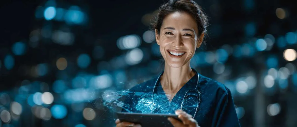 Healthcare professionals using futuristic technology to coordinate staffing solutions collaboratively.