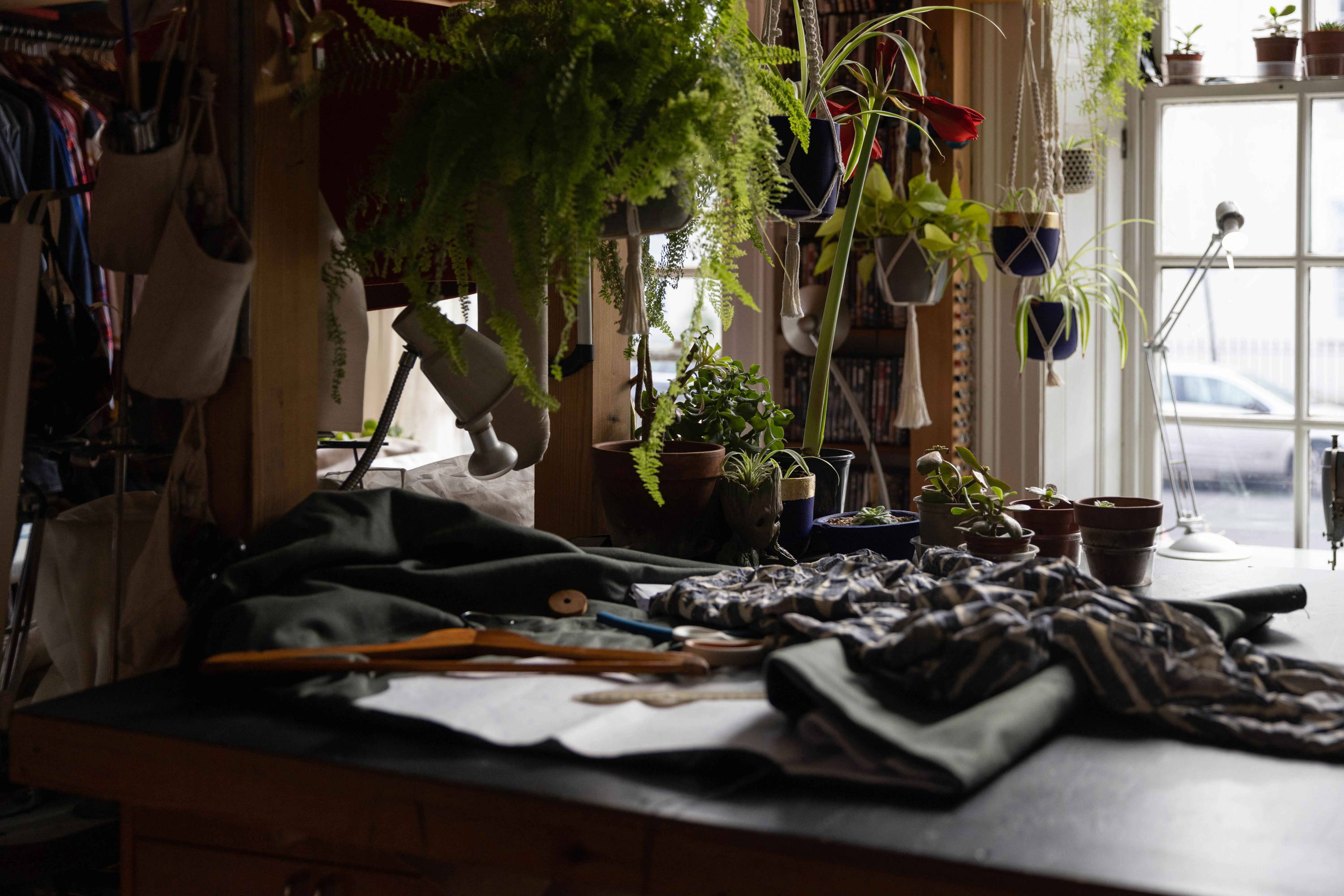 Gordon Webber Menswear, home studio in Liverpool, filled with textiles