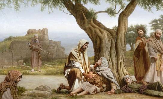 Jesus healing a mother and an infant sitting up against a tree. 