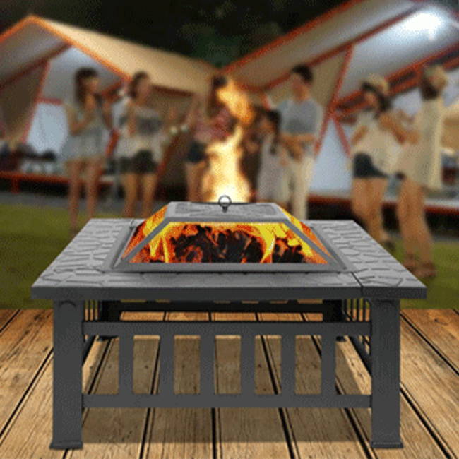  32 inch Outdoor Square Metal Firepit Backyard Patio Garden Stove Wood Burning BBQ Fire Pit with Rain Cover, Faux-Stone Finish