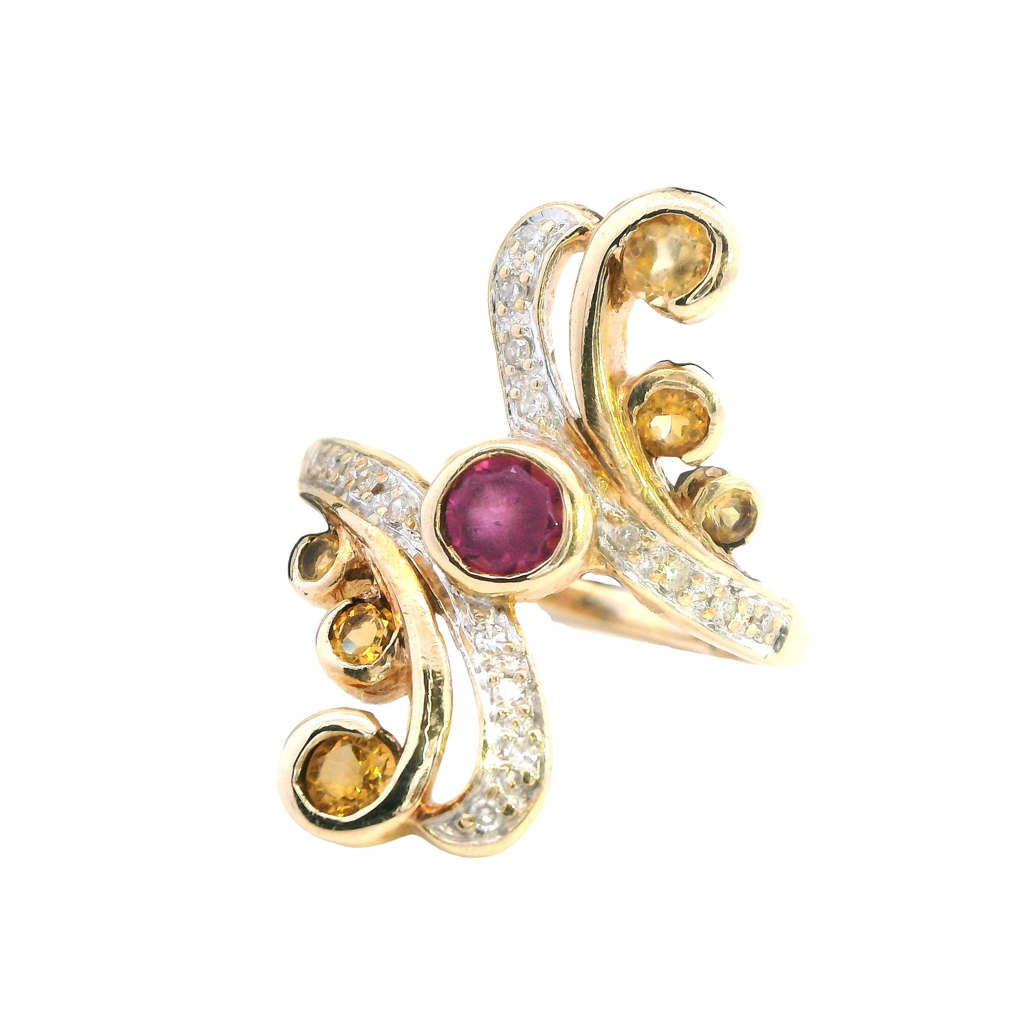 9ct Yellow Gold Sapphire, Citrine, and Diamond Ring