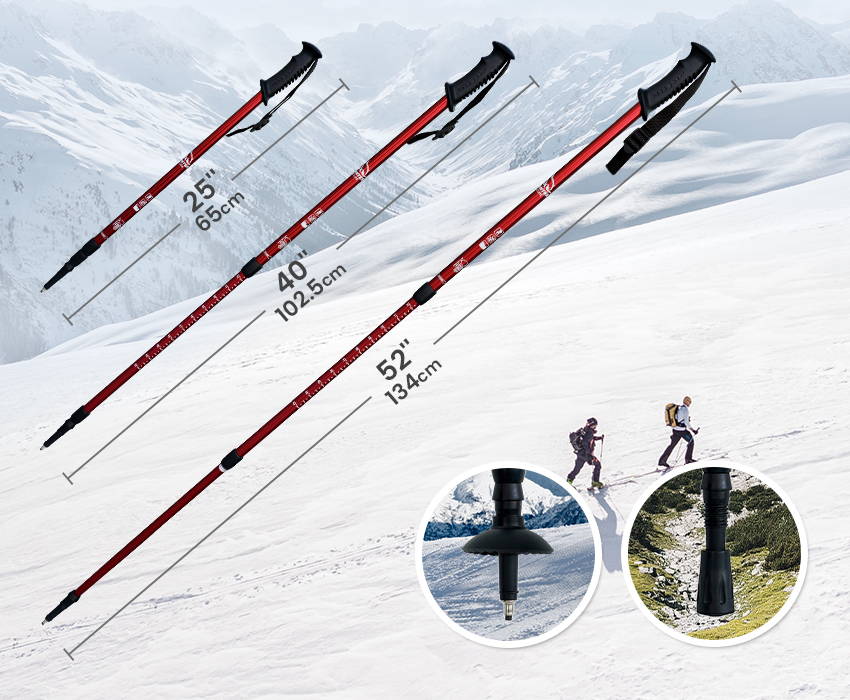 Three lengths of snowshoe poles: 65 cm, 102.5 cm, and 134 cm