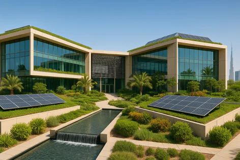 A modern building featuring a green roof, large glass windows, lush gardens with palm trees, a cascading waterfall, and ground-level solar panels. The distant Burj Khalifa peak is visible.