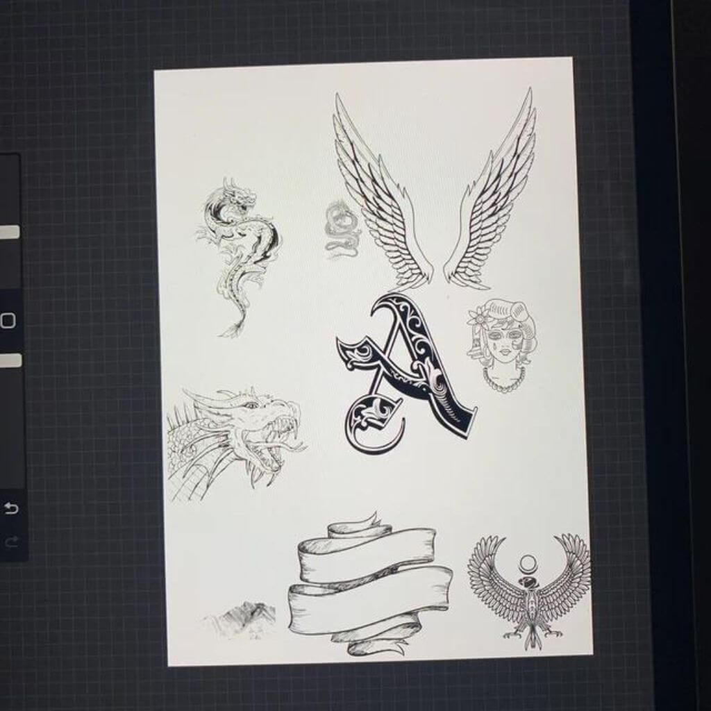 Procreate displayed on iPad with graphics of wings, dragons, ribbons, and birds