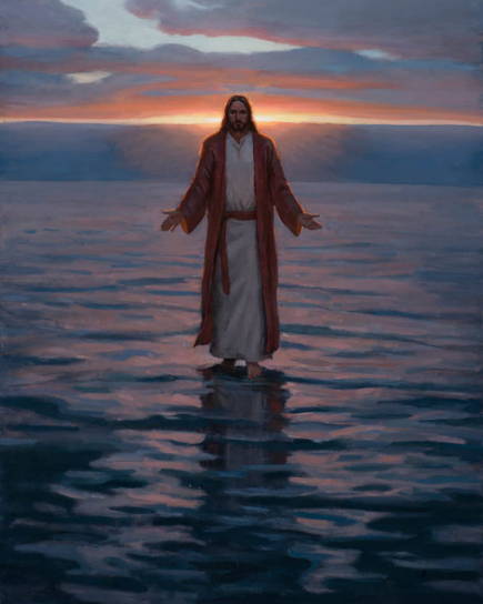 Painting of Jesus walking on water. The sun is rising in the background.
