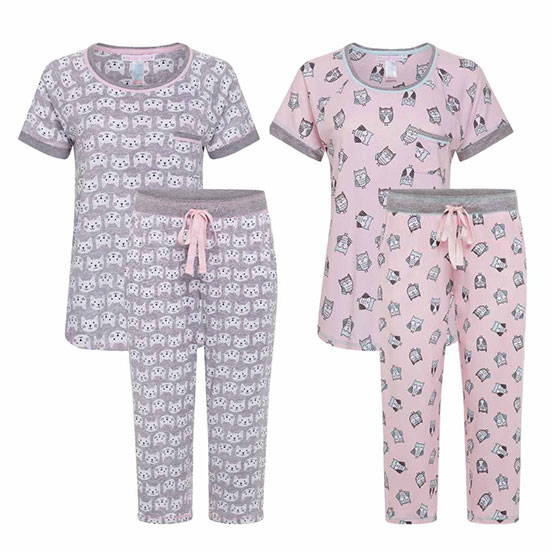 2 Pack Polysuede Yummy Butter Soft Capri Set in Owls and Cats pattern 