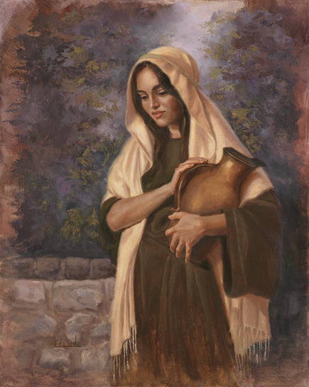 Painting of a biblical woman holding a pitcher of water.