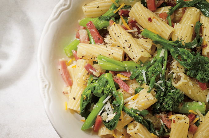 Smoked Prosciutto, Rapini and Orange Zest Rigatoni