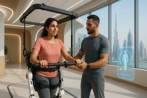 A woman receiving gait training using a robotic exoskeleton assisted by a therapist, overlooking the Dubai skyline.