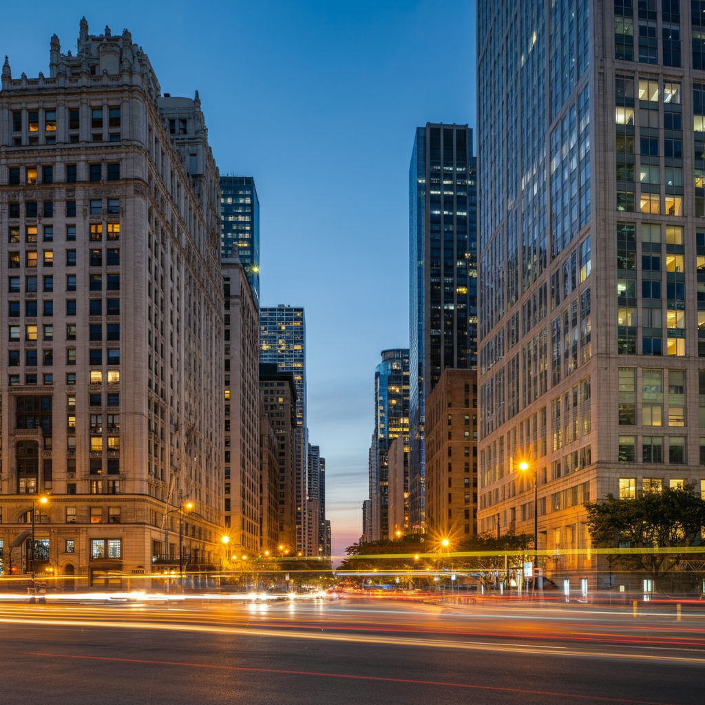 Comparative neighborhood scene showing both Gold Coast's historic architecture and Streeterville's contemporary buildings in soft evening light, illustrating projected days-on-market trends. The balanced composition suggests that well-priced, updated properties in both areas will continue to sell quickly despite market fluctuations.