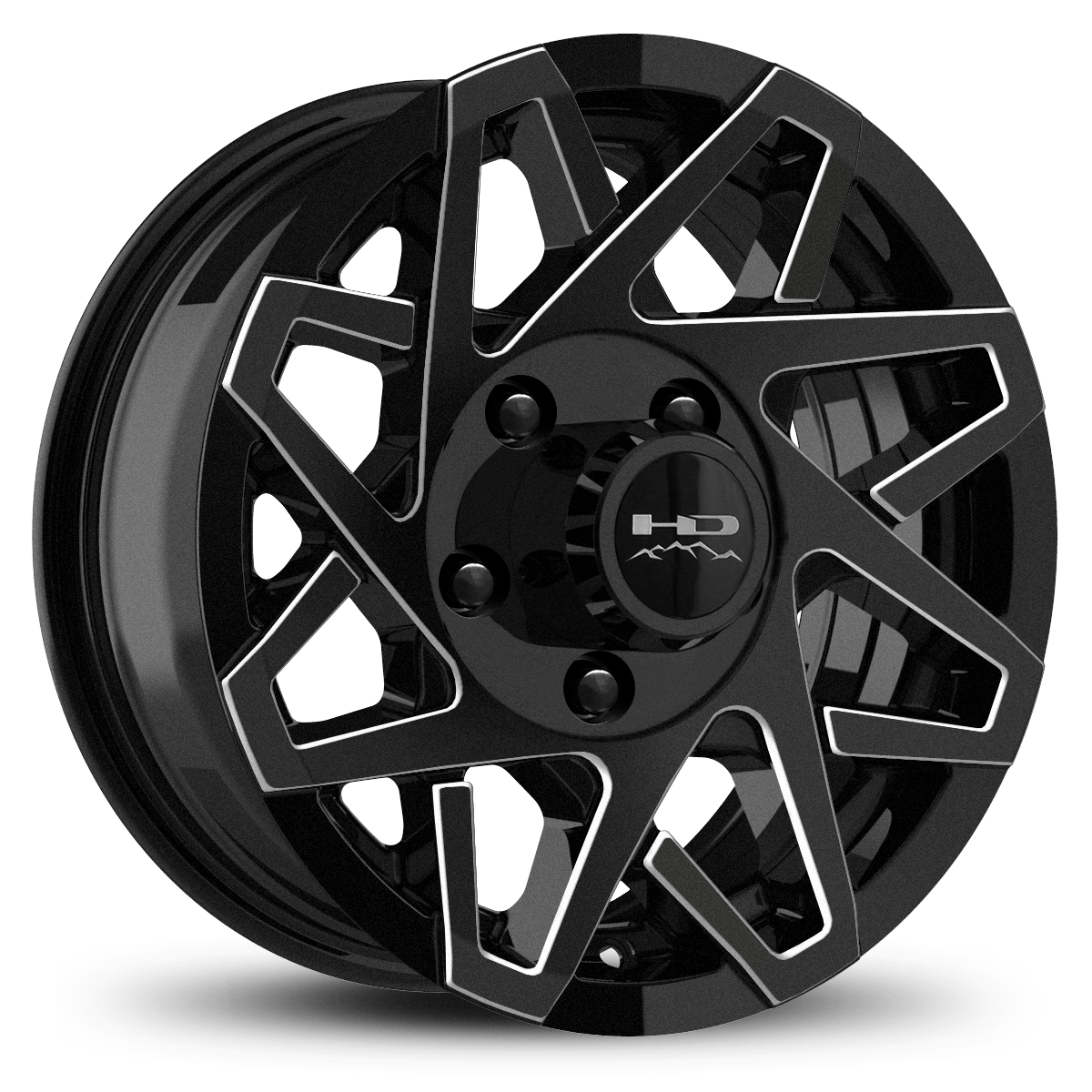 HD Off-Road Canyon Custom Trailer Wheel Rims in 15x6.0  15x6 Gloss Black CNC Milled Spoke Edges with Center Cap & Logo fits 5x4.50 / 5x114.3 Axle Boat, Car, RV, Travel, Concession, Horse, Utility, Lawn & Garden, & Landscaping.