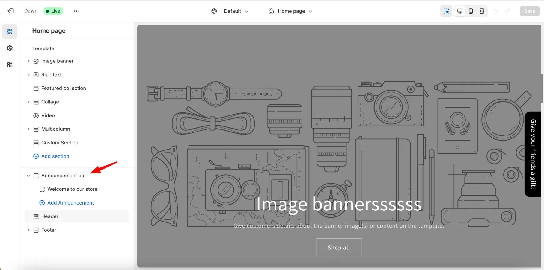add announcement bar in Shopify editor
