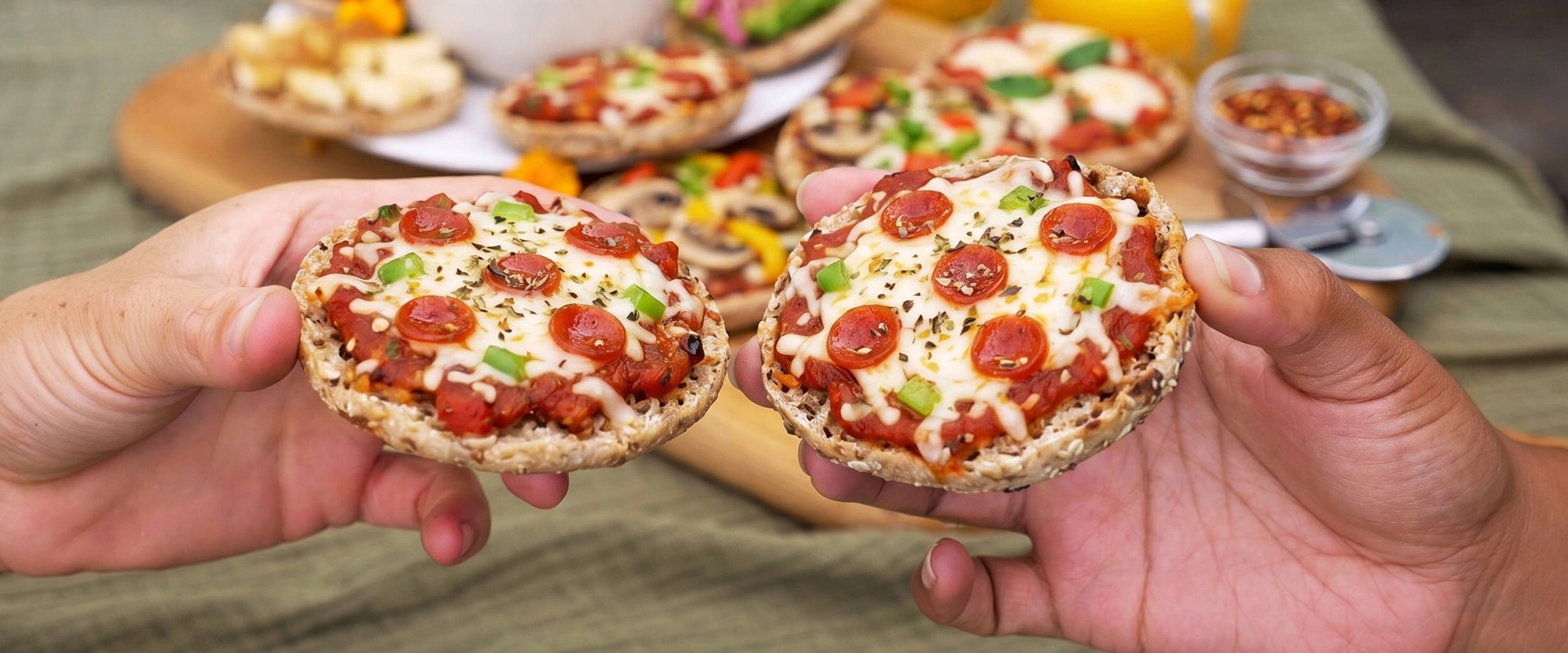 Two hands hold toasted English muffin mini pizzas topped with tomato sauce, melted cheese, pepperoni, and green peppers over an outdoor brunch spread.