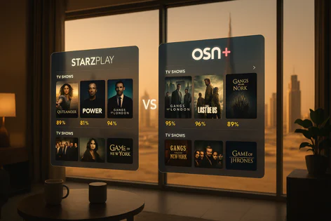 Two holographic screens display STARZPLAY and OSN+ streaming services with listings for TV shows like Outlander, Last of Us, and Game of Thrones in a modern room.