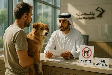 A man holds a dog while speaking to a Dubai Municipality official across a counter with a clear "No Pets" sign displaying a 1000 AED fine.