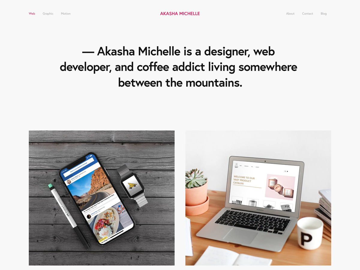 Screenshot of Akasha Michelle, from the squarespace portfolio examples collection.
