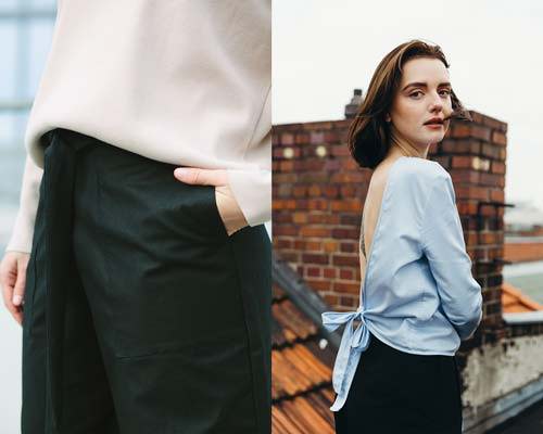 Woman wearing Myrka Studios charcoal trousers with beige knitted top and woman wearing tied back light blue blouse