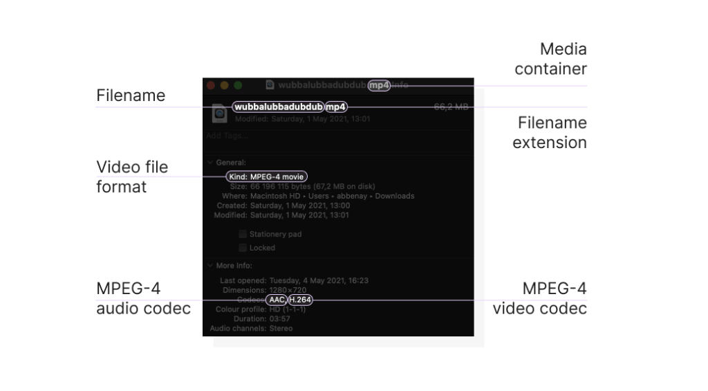 Right-click on a file to get the basic info: the multimedia container is stated in the file extension and the codecs are listed below. A video file’s properties, including filename extension, size, and codecs