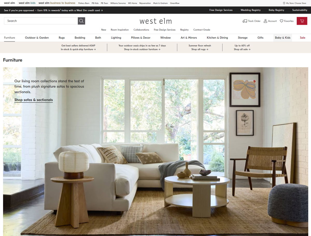 Screenshot of Contemporary Furniture | West Elm, from the shopify furniture stores collection.