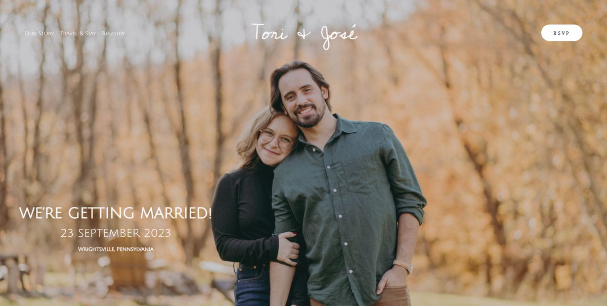 Screenshot of Tori & José , from the squarespace wedding websites collection.
