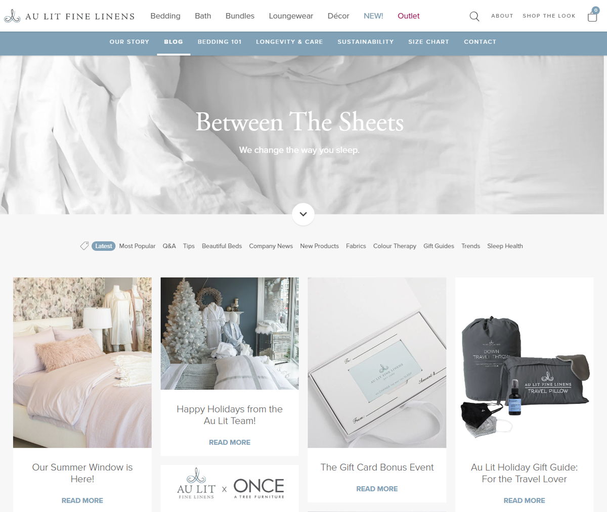Screenshot of Between the Sheets by Au Lit Fine Linens, from the shopify blog examples collection.