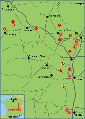 Map of the main rock climbing areas around Dijon and Bourgogne