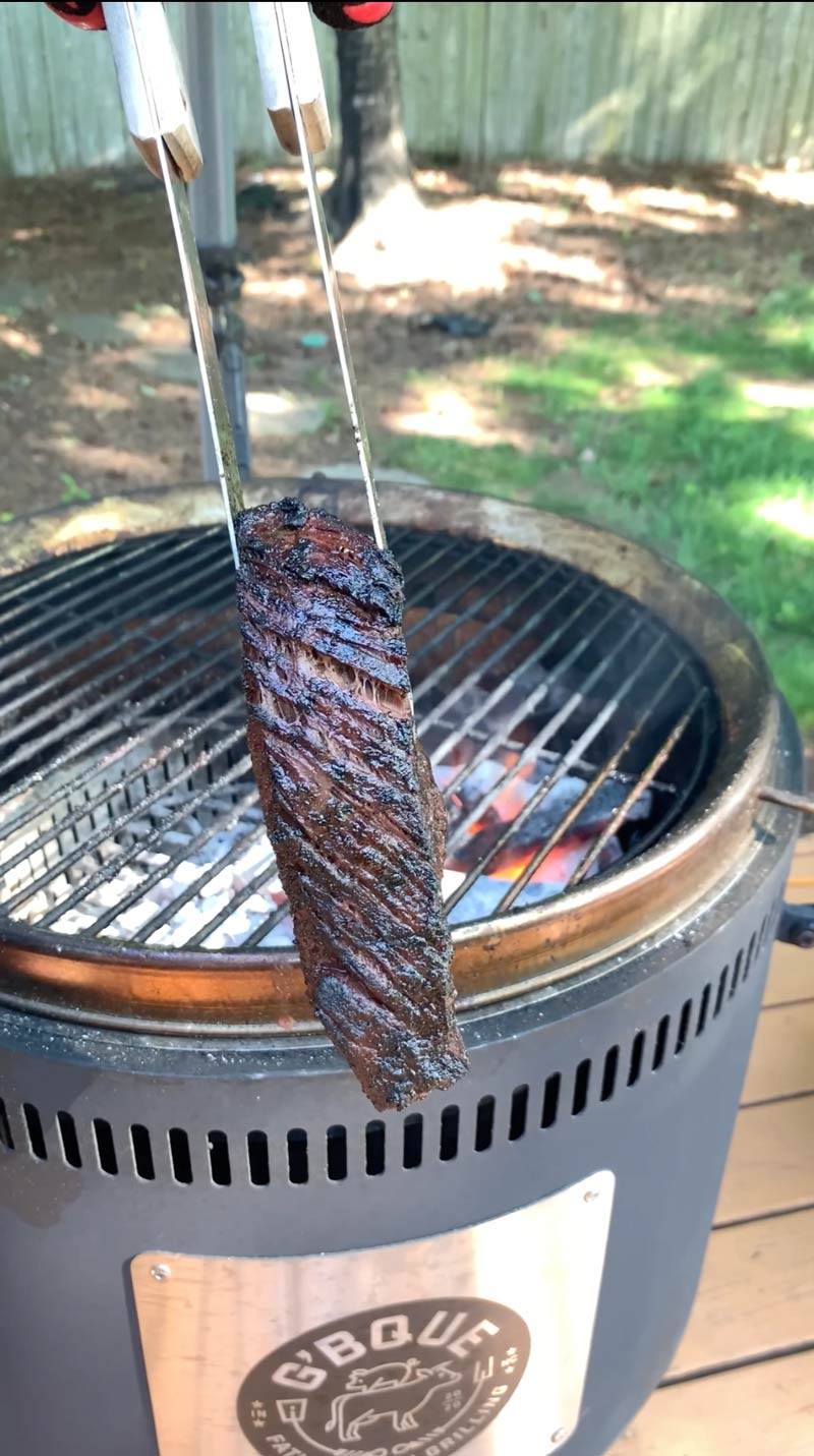 A Certified ONYA hanger steak grilled hot and fast on a Burch Barrel grill.
