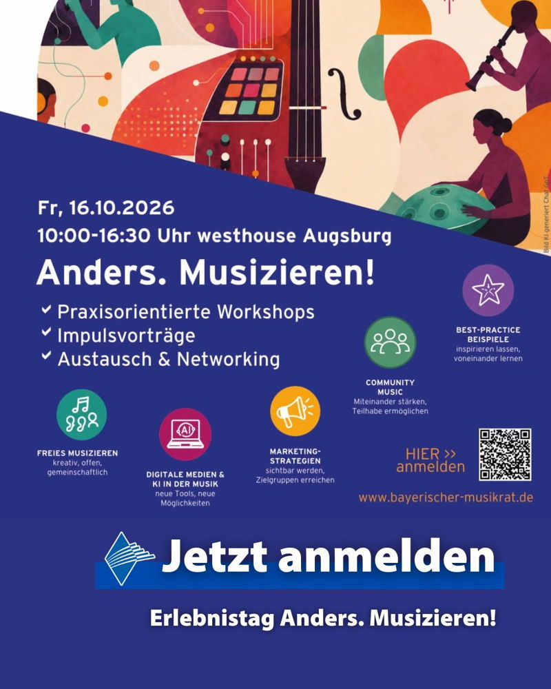 🎼 Anders. Musizieren! – Jetzt anmelden 🎼

Neue Ideen für die musikalische Arbeit entdecken, andere Formen des Musizierens kennenlernen und frische Impulse für Chor, Orchester oder Unterricht mitnehmen – genau darum geht es beim Erlebnistag "Anders. M