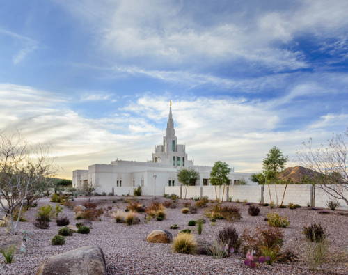 Phoenix Temple photo surrounded by desert landscape.