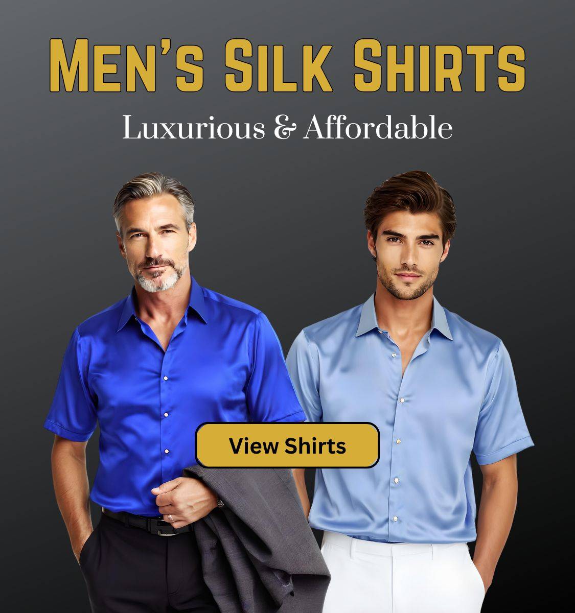 model wearing a gold bowling short sleeve silk shirt from 1000 kingdoms