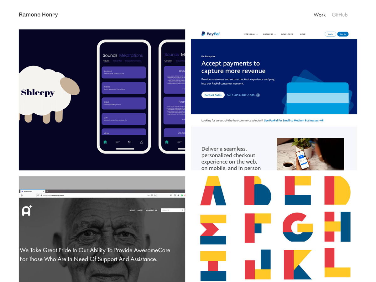 Screenshot of Ramone Henry, from the squarespace portfolio examples collection.