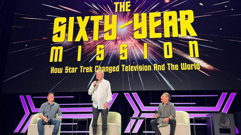 William Shatner on stage with Rod Roddenberry and Peter Diamandis, speaking about the Star Trek documentary.