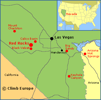 Map of the rock climbing areas around Las Vegas in Nevada