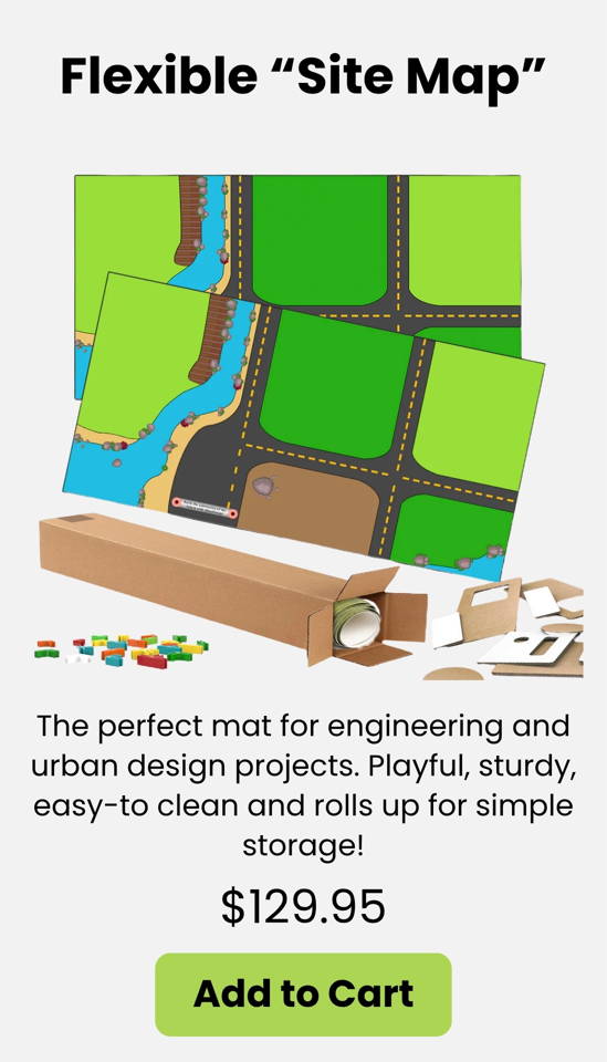 The Flexible Site Map Mat is a durable roll-up surface for STEM engineering architecture and urban design projects. Perfect for classrooms and makerspaces it supports hands-on modeling community design challenges and project-based learning. Easy to clean sturdy and designed for repeated use. Ideal for PreK–12.