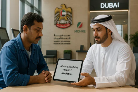 An employee in a blue shirt sits with a UAE official reviewing a tablet screen that reads 'Labour Complaint - Stage 2: Mediation' at a Ministry of Human Resources office in Dubai.