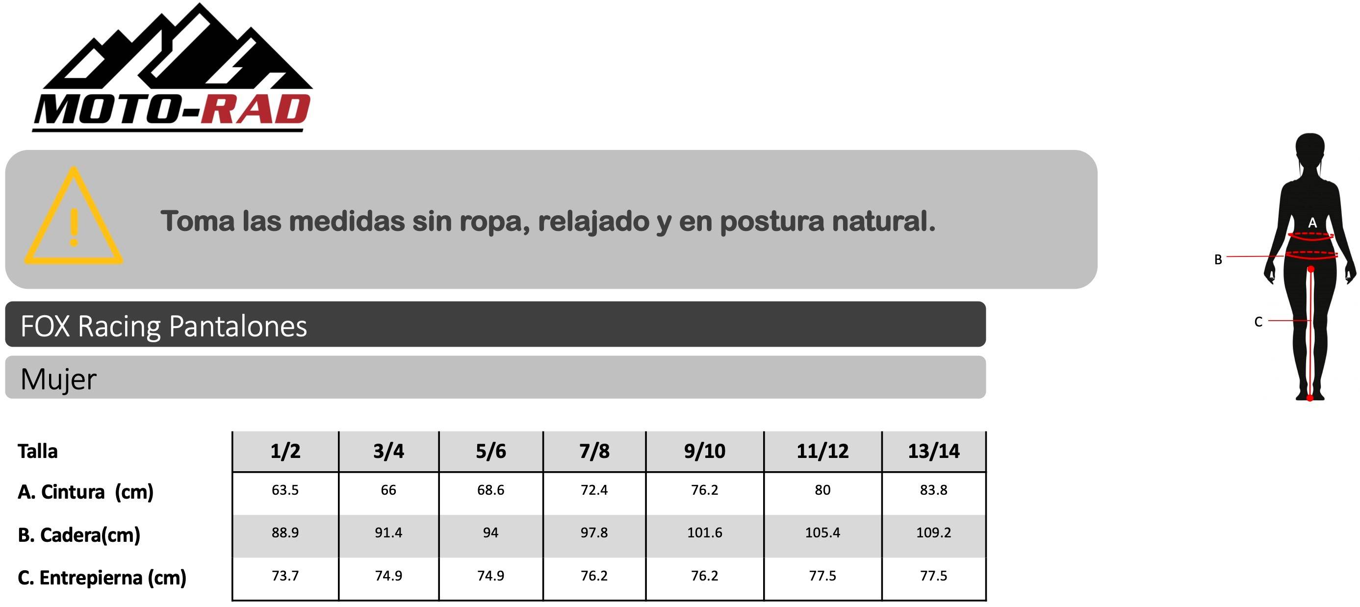 Guia de Tallas Pantalones Mujer Fox Racing