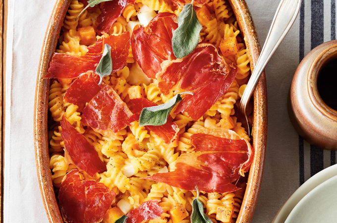 Fusillis à la courge et prosciutto croustillant