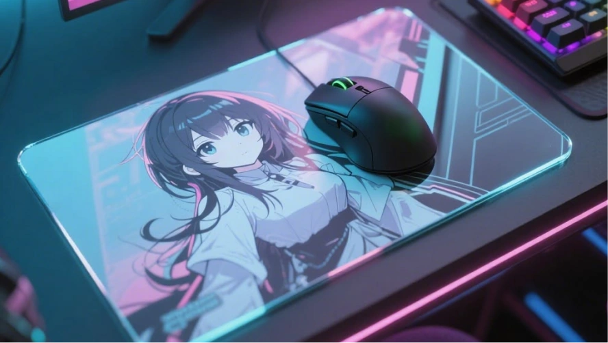 Premium glass mousepad with custom artwork and a gaming mouse on a desk with RGB lighting