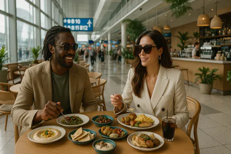 A smiling couple enjoys a meal with small dishes like hummus and falafel at a cafe table in a modern airport terminal.