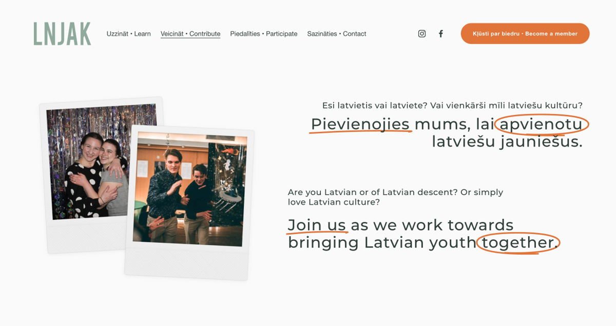 Screenshot of LNJAK (Latvian National Youth Association in Canada) , from the squarespace membership websites collection.