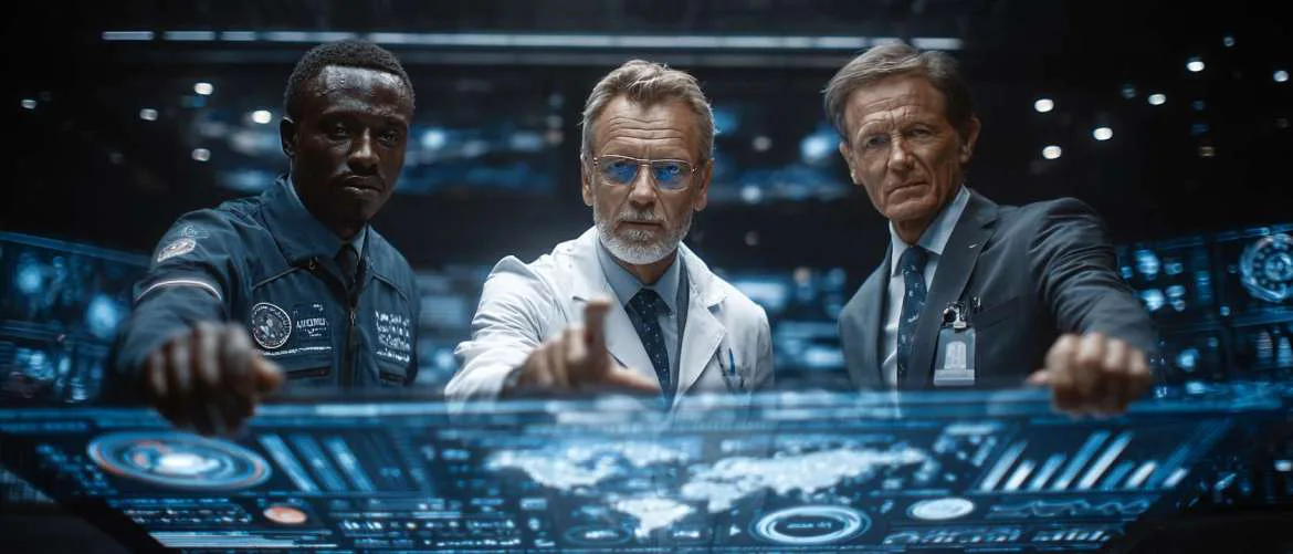 Healthcare leaders manage futuristic centralized staffing hub with glowing blue-green displays.