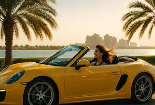 Smiling woman with windblown hair driving a bright yellow convertible sports car along a palm tree-lined coastal road during sunset, with ocean and city skyline in the background.