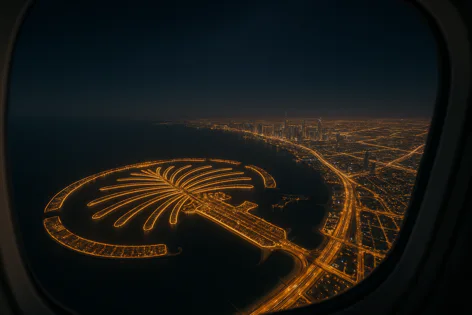 Aerial view of Palm Jumeirah, Dubai at night, seen from an airplane window. The iconic palm-shaped island is illuminated, with city lights lining the dark coastline.