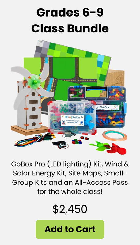The 3DuxDesign Grades 6–9 Classroom STEM Bundle includes the GoBox Pro LED lighting kit, Wind and Solar Energy Kit, site maps, small-group kits, and an All-Access Pass. Designed for hands on STEM, engineering design, renewable energy projects, circuits, and project based learning for middle school classrooms and makerspaces