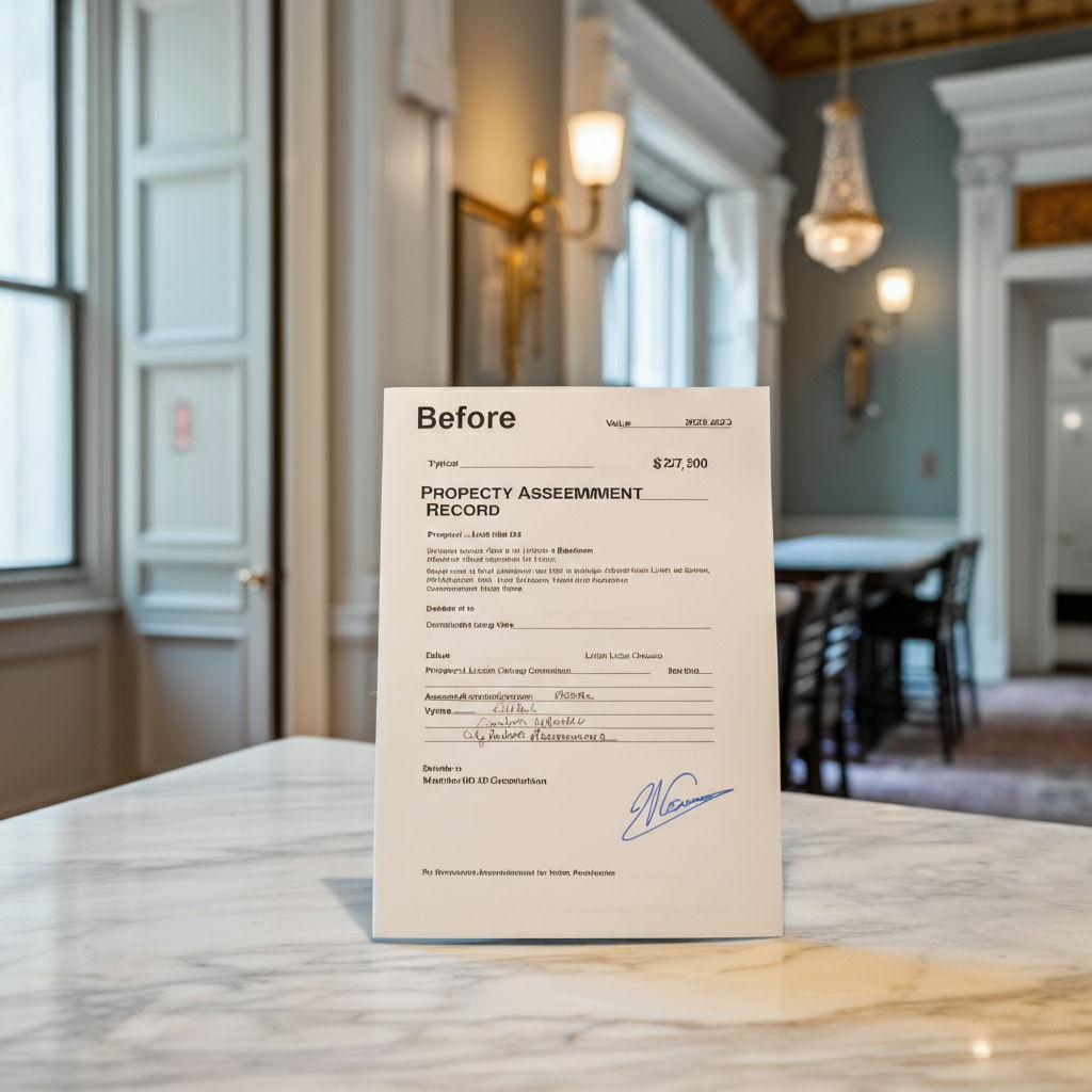 Before: A property assessment record for a typical 2-bedroom Lincoln Park condominium from 2023, showing an assessed value of $127,500. The document is displayed on a marble kitchen island in a renovated vintage building, with period details visible in the background.