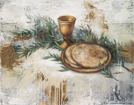 A golden chalice of whine and a plate of bread among a cluster of olive leaves.