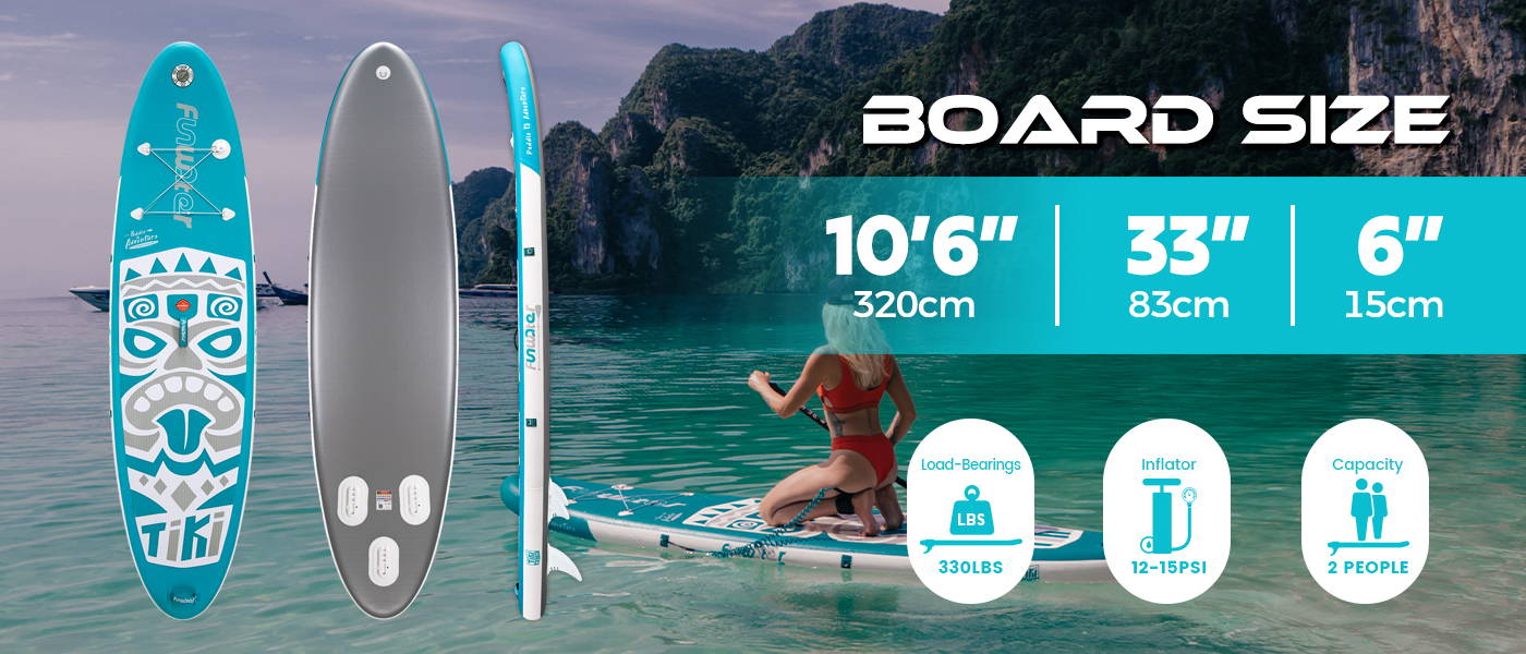 NEW TIKI 10'6" inflatable stand up paddle board canada load-bearing is 330LBS, inflator 12-15PSI, Capacity is 2 peoples