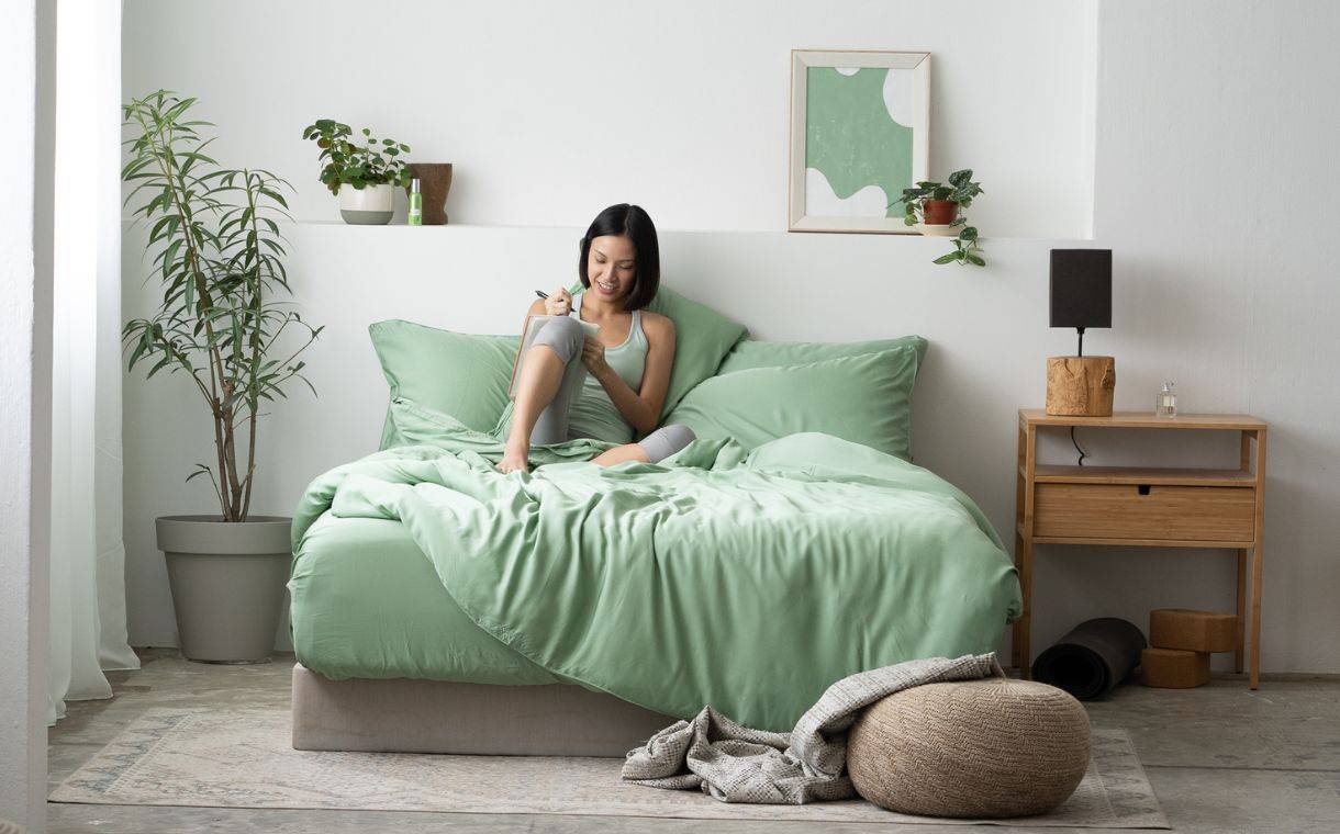 girl taking notes on bed featuring Weavve's Tencel Lyocell green bed sheets