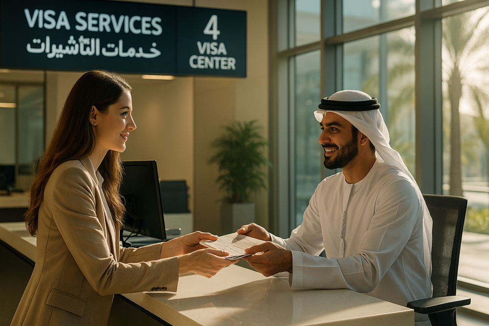A service agent hands documents to a customer at a visa center counter, with a "VISA SERVICES" sign visible overhead.