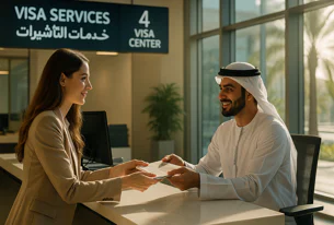 A service agent hands documents to a customer at a visa center counter, with a "VISA SERVICES" sign visible overhead.